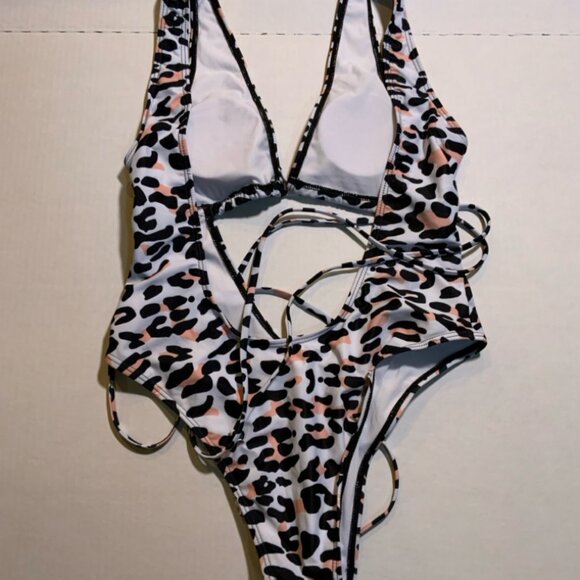 Womens Sz Small Leopard Print Lace Up‎ Monokini Low Back High Leg One Piece (I) - Picture 6 of 6